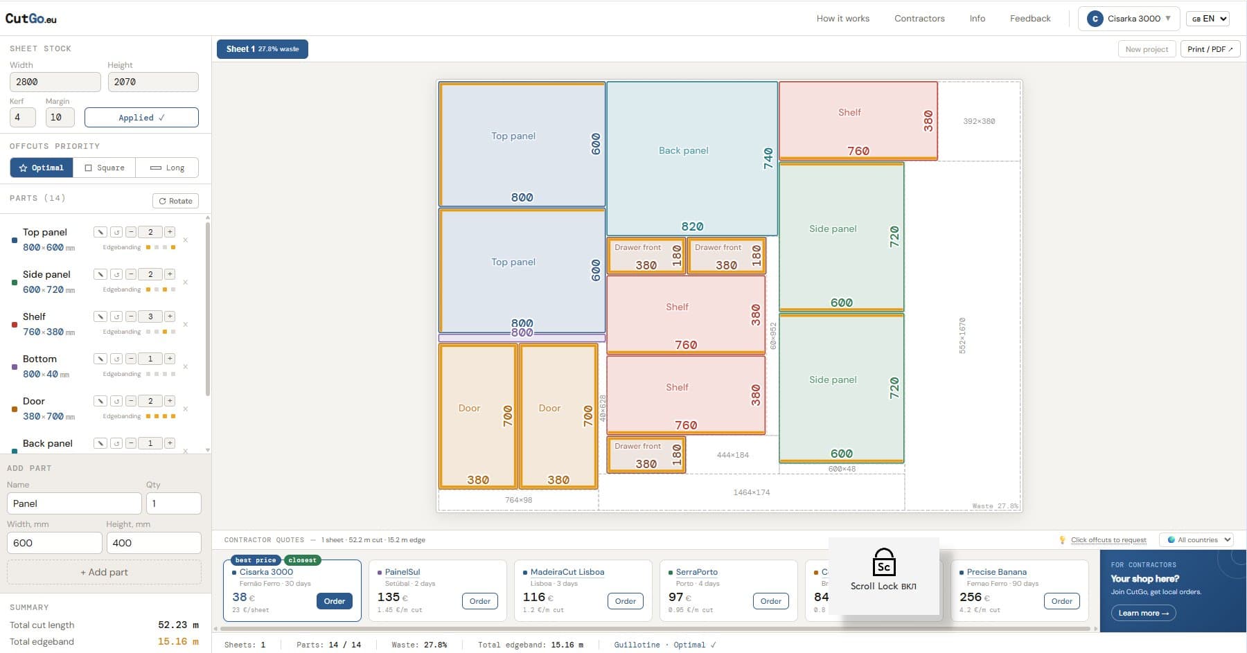 CutGo optimizer with live contractor quote strip