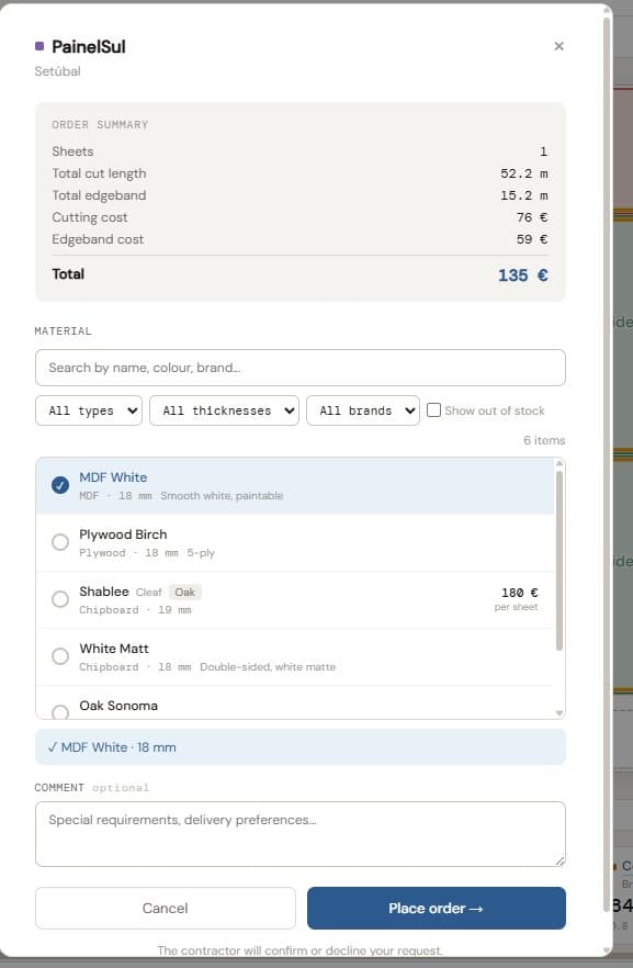 Order modal showing the cut summary clients submit