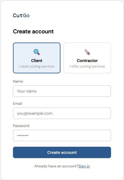CutGo contractor registration — account type selection
