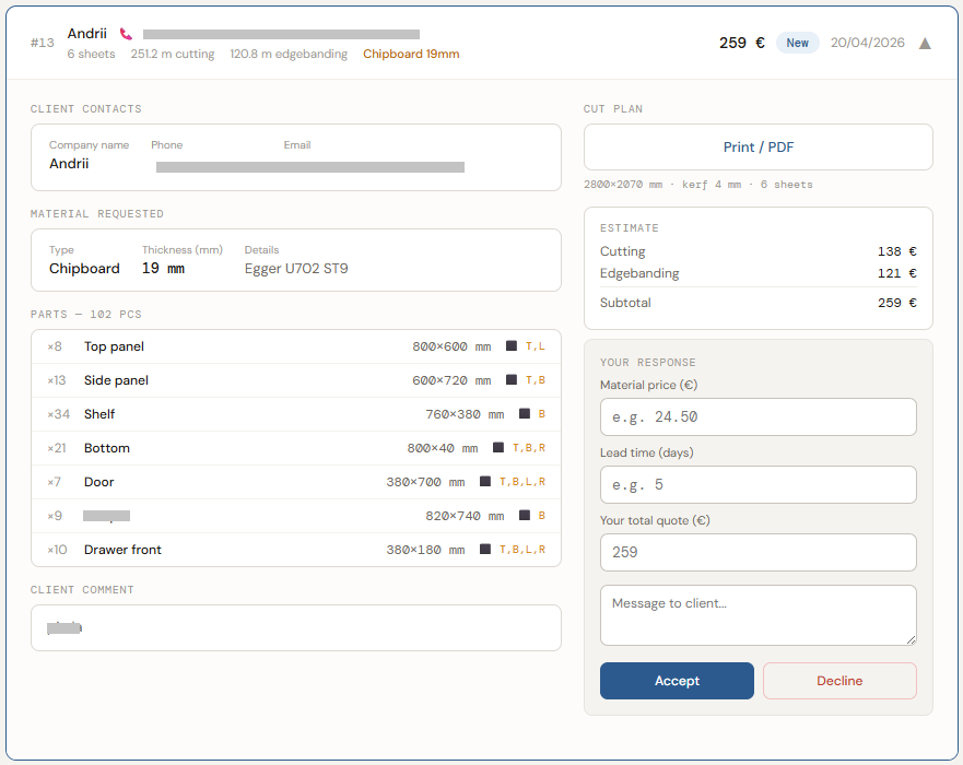 CutGo order detail — parts list, cut plan, accept or decline