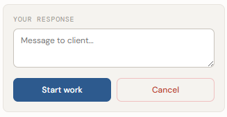 CutGo order response — start work and cancel buttons