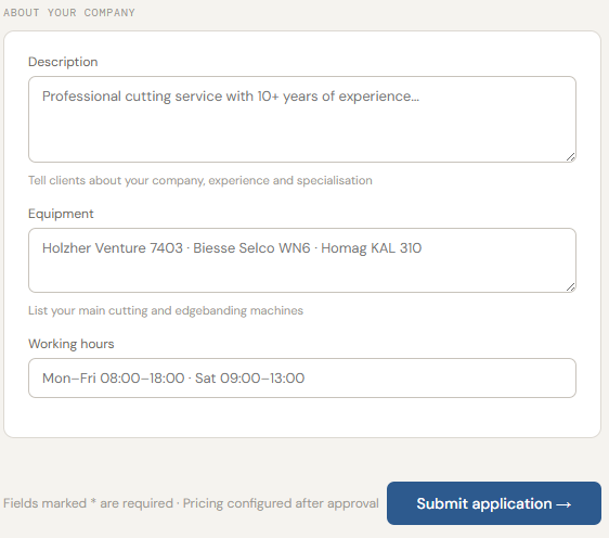 CutGo contractor registration — description, equipment, working hours