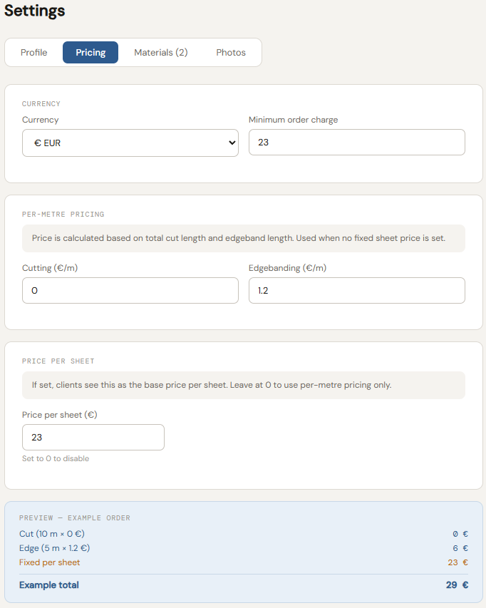 CutGo contractor pricing settings — cutting, edgebanding, sheet price