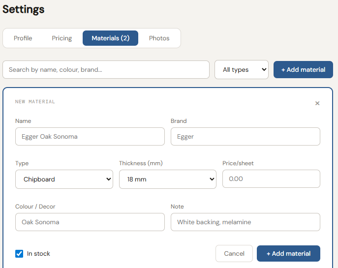 CutGo material manager — add new sheet material form for cut optimizer