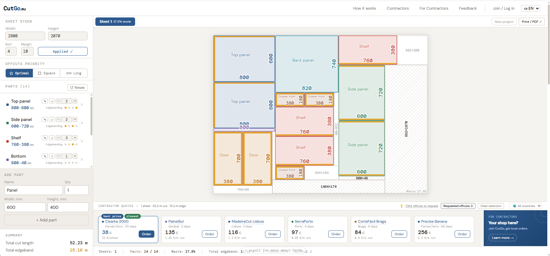 CutGo cutting optimizer — full interface overview